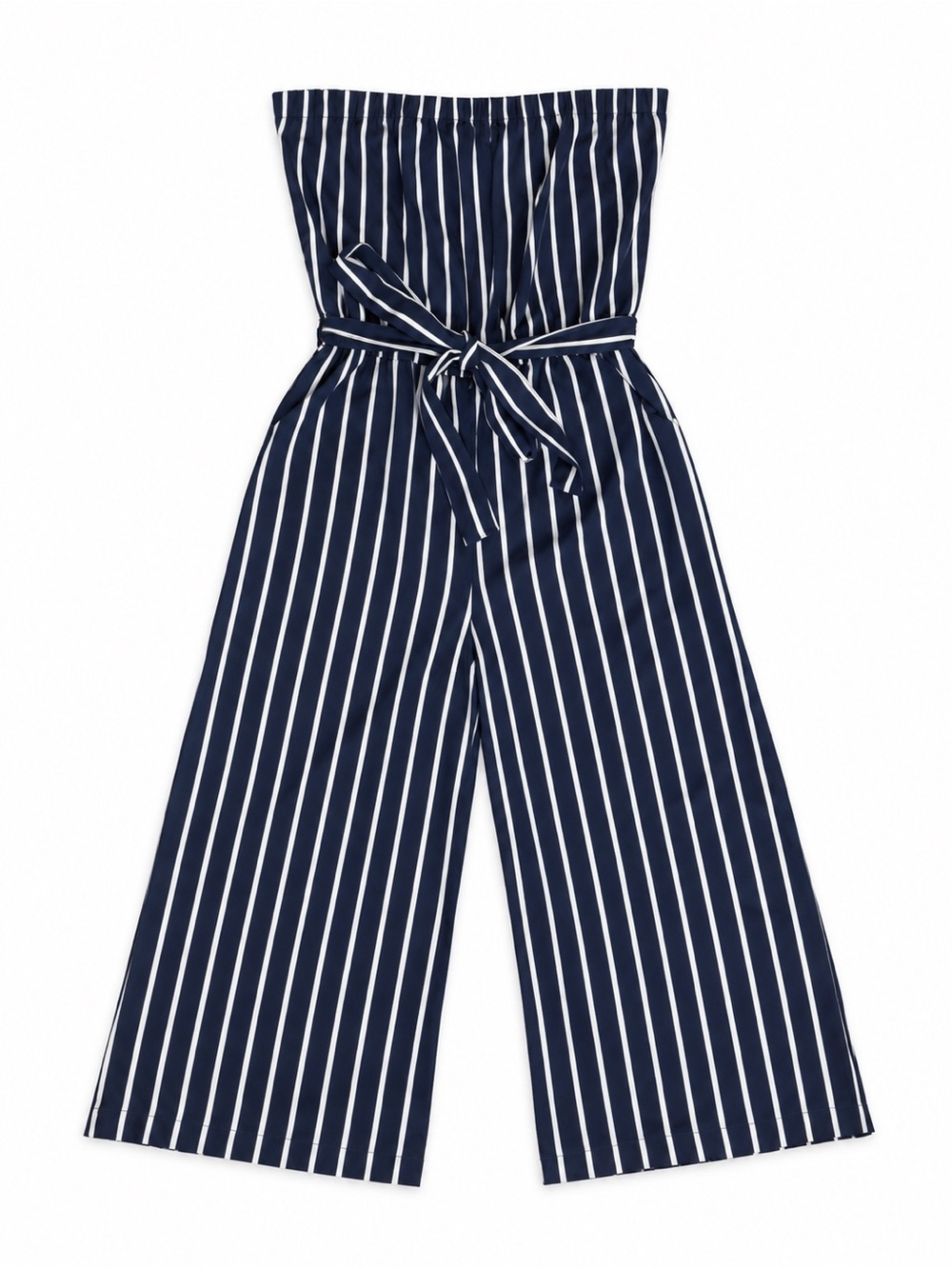 Ambiance Navy and White Strapless Wide-Leg Jumpsuit with Waist Tie